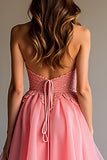 Sparkly Pink Sequin A Line Ruffled Long Prom Dress With Lace