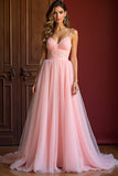 Elegant Pink A Line Spaghetti Straps Long Tulle Prom Dress