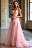 Elegant Pink A Line Spaghetti Straps Long Tulle Prom Dress