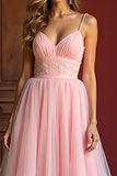 Elegant Pink A Line Spaghetti Straps Long Tulle Prom Dress