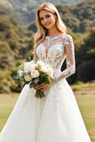 Long Sleeves lvory A Line Lace Appliqued Wedding Dress