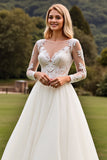 A Line Appliqued Long Sleeves lvory Pleated Wedding Dress