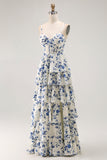 Blue Floral A Line Tiered Ruffled Long  Prom Dress with Slit