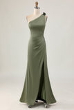 One Shoulder Eucalyptus Mermaid Long Bridesmaid Dress with Slit