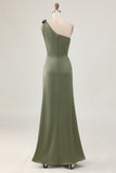 One Shoulder Eucalyptus Mermaid Long Bridesmaid Dress with Slit