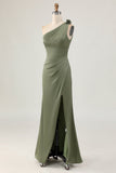 One Shoulder Eucalyptus Mermaid Long Bridesmaid Dress with Slit