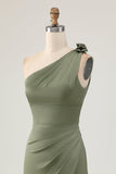 One Shoulder Eucalyptus Mermaid Long Bridesmaid Dress with Slit