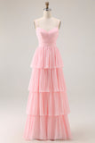 Blush Pink A Line Tiered Chiffon Long Bridesmaid Dress with Ruffles