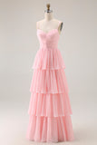 Blush Pink A Line Tiered Chiffon Long Bridesmaid Dress with Ruffles