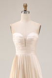 Champagne Strapless A Line Pleated Long Wedding Guest Dress