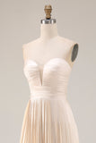 Champagne Strapless A Line Pleated Long Wedding Guest Dress