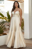 Champagne Pleated Strapless A Line Long Plus Size Wedding Guest Dress