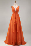 Orange Ruffled V Neck A Line Chiffon Long Plus Size Wedding Guest Dress