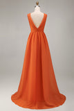 Orange Ruffled V Neck A Line Chiffon Long Plus Size Wedding Guest Dress