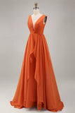 Orange Ruffled V Neck A Line Chiffon Long Plus Size Wedding Guest Dress