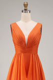 Orange Ruffled V Neck A Line Chiffon Long Plus Size Wedding Guest Dress