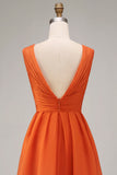 Orange Ruffled V Neck A Line Chiffon Long Plus Size Wedding Guest Dress