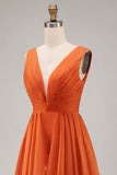 Orange Ruffled V Neck A Line Chiffon Long Plus Size Wedding Guest Dress