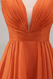 Orange Ruffled V Neck A Line Chiffon Long Plus Size Wedding Guest Dress