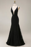 Black Mermaid Satin Long Formal Dress With Lace