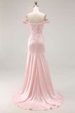 Pink Off the Shoulder Mermaid Appliqued Prom Dress