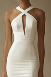 Mermaid White Keyhole Satin Wedding Dress with Slit