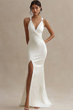 Simple White Satin V Neck Mermaid Wedding Dress with Slit