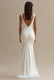 Simple White Satin V Neck Mermaid Wedding Dress with Slit