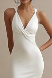 Simple White Satin V Neck Mermaid Wedding Dress with Slit