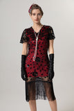 Sparkly Black Golden Fringed V Neck 1920s Dress with Short Sleeves