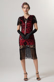 Sparkly Black Golden Fringed V Neck 1920s Dress with Short Sleeves
