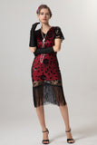 Sparkly Black Golden Fringed V Neck 1920s Dress with Short Sleeves