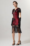 Sparkly Black Golden Fringed V Neck 1920s Dress with Short Sleeves