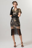 Sparkly Black Golden Fringed V Neck 1920s Dress with Short Sleeves