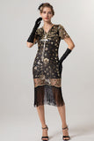Sparkly Black Golden Fringed V Neck 1920s Dress with Short Sleeves