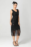 Black Burgundy Sequin V Neck Fringed Midi Flapper Dress