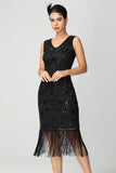 Black Burgundy Sequin V Neck Fringed Midi Flapper Dress