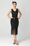 Black Burgundy Sequin V Neck Fringed Midi Flapper Dress