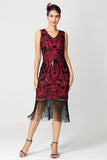 Black Burgundy Sequin V Neck Fringed Midi Flapper Dress