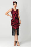 Black Burgundy Sequin V Neck Fringed Midi Flapper Dress