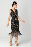 Black Burgundy Sequin V Neck Fringed Midi Flapper Dress