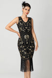 Black Burgundy Sequin V Neck Fringed Midi Flapper Dress