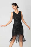 Sequin Fringed Black Burgundy 1920s Dress with Beading