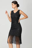 Sequin Fringed Black Burgundy 1920s Dress with Beading