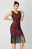 Sequin Fringed Black Burgundy 1920s Dress with Beading