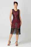 Sequin Fringed Black Burgundy 1920s Dress with Beading