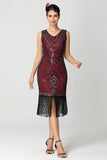 Sequin Fringed Black Burgundy 1920s Dress with Beading