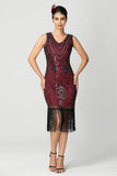 Sequin Fringed Black Burgundy 1920s Dress with Beading