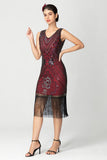 Sequin Fringed Black Burgundy 1920s Dress with Beading
