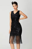 Fringed Sheath Sequin V Neck Black Bugundy 1920s Dress